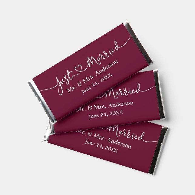 Calligraphy Heart Just Married Wedding Burgundy Hershey Bar Favors (Front)