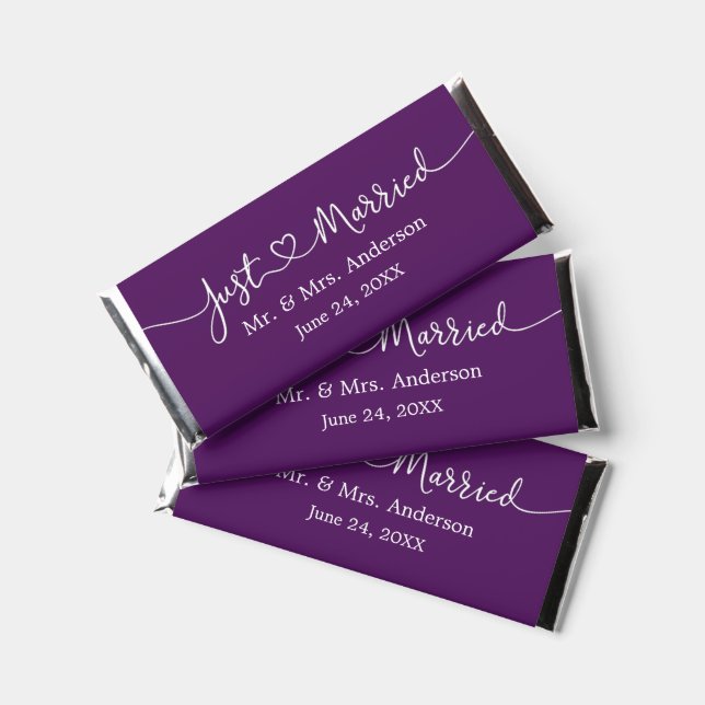 Calligraphy Heart Just Married Wedding Purple Hershey Bar Favors (Front)