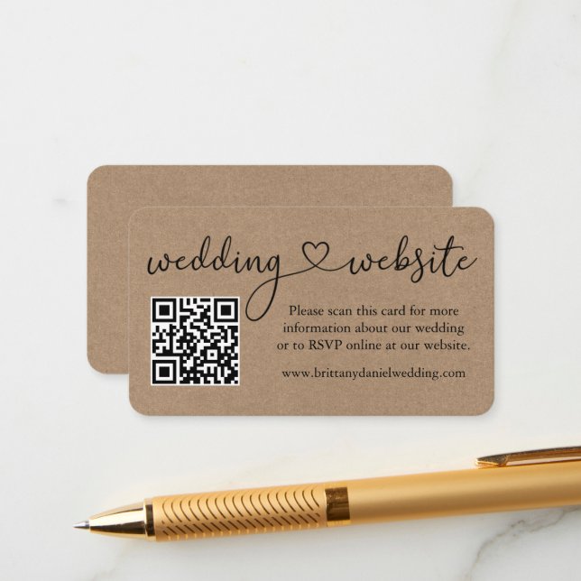 Calligraphy Heart Kraft Wedding Website QR Enclosure Card (Front/Back In Situ)
