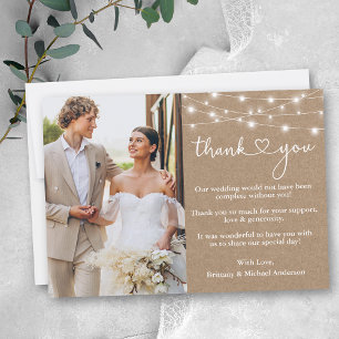 Calligraphy Heart Lights Wedding Photo Kraft Thank You Card