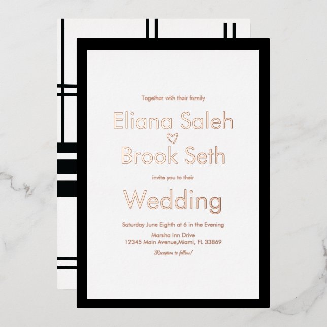 Calligraphy Heart Lines Modern Wedding Pressed Foil Invitation (Front/Back)