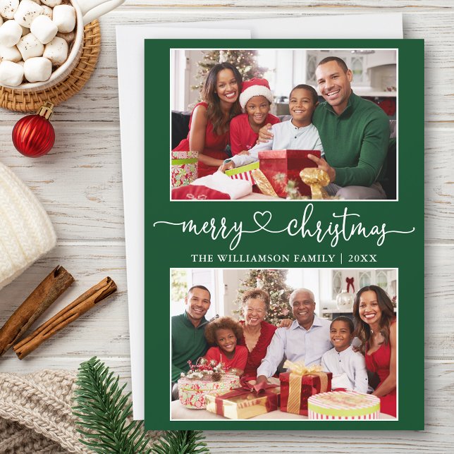 Calligraphy Heart Merry Christmas Green 2 Photo Holiday Card (Customize to add text to back of card.)