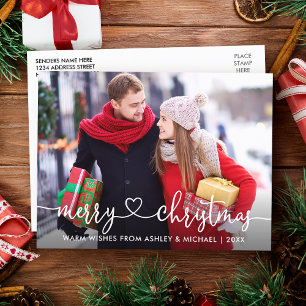 Calligraphy Heart Merry Christmas Photo Holiday Postcard