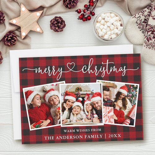 Calligraphy Heart Merry Christmas Plaid 3 Photo Holiday Card