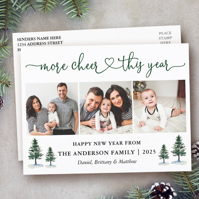 Calligraphy Heart More Cheer 3 Photo Pines Holiday Postcard (Customize to change your personalized text size or text style.)
