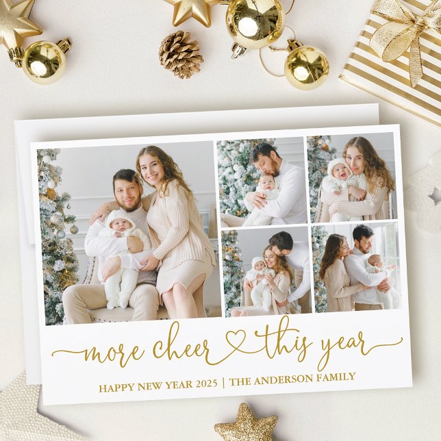 Calligraphy Heart More Cheer 5 Photos Gold Holiday Card (Customize to add text to back of card.)