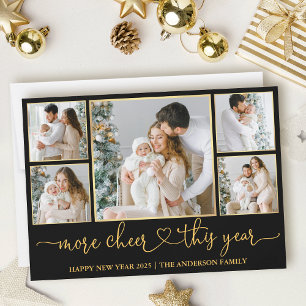 Calligraphy Heart More Cheer Black and Gold Frames Holiday Card