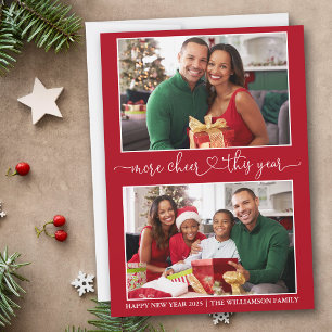 Calligraphy Heart More Cheer Red 2 Photo Holiday Card