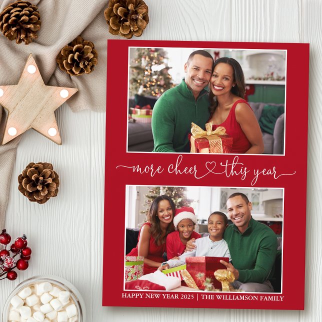 Calligraphy Heart More Cheer Red 2 Photo Holiday Postcard (Customize to change your personalized text size or text style.)