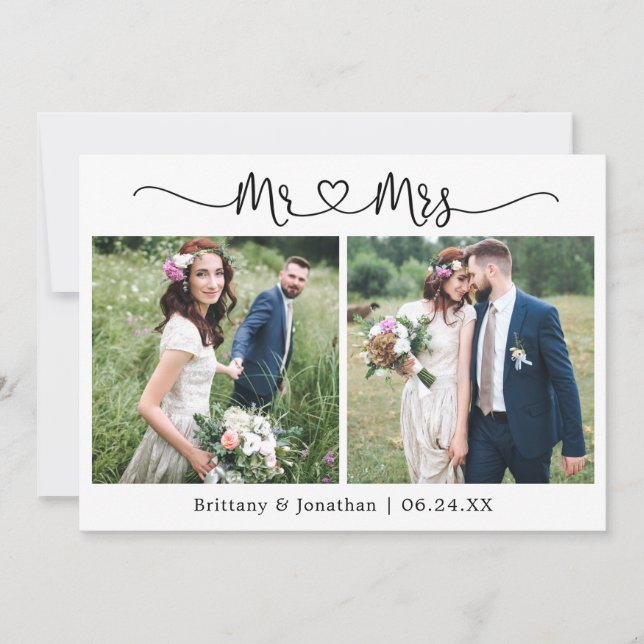 Calligraphy Heart Mr. and Mrs. 2 Photo Wedding Thank You Card (Front)