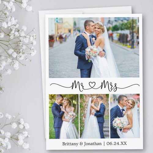 Calligraphy Heart Mr and Mrs 4 Photo Wedding Thank You Card