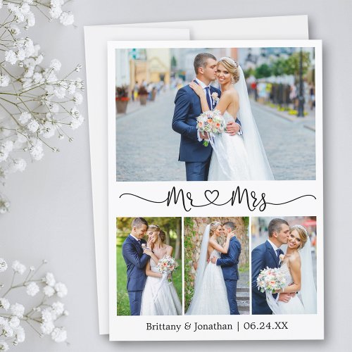 Calligraphy Heart Mr and Mrs 4 Photo Wedding Thank You Card