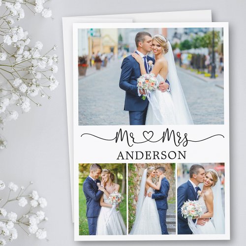 Calligraphy Heart Mr and Mrs 4 Photos Wedding Thank You Card