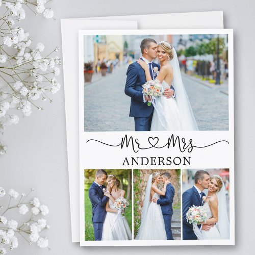 Calligraphy Heart Mr and Mrs 4 Photos Wedding Thank You Card