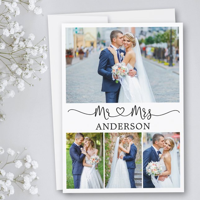 Calligraphy Heart Mr. and Mrs. 4 Photos Wedding Thank You Card (Customize to add text or more photos to back of card.)