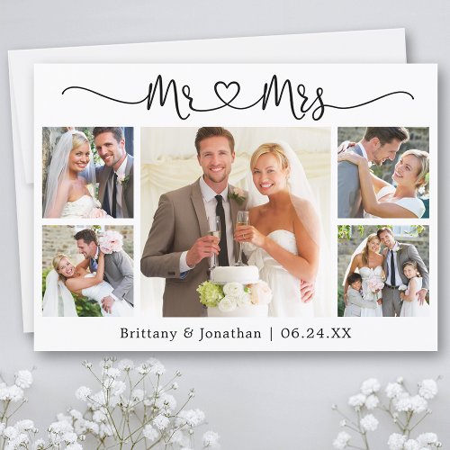 Calligraphy Heart Mr and Mrs 5 Photo Wedding Thank You Card