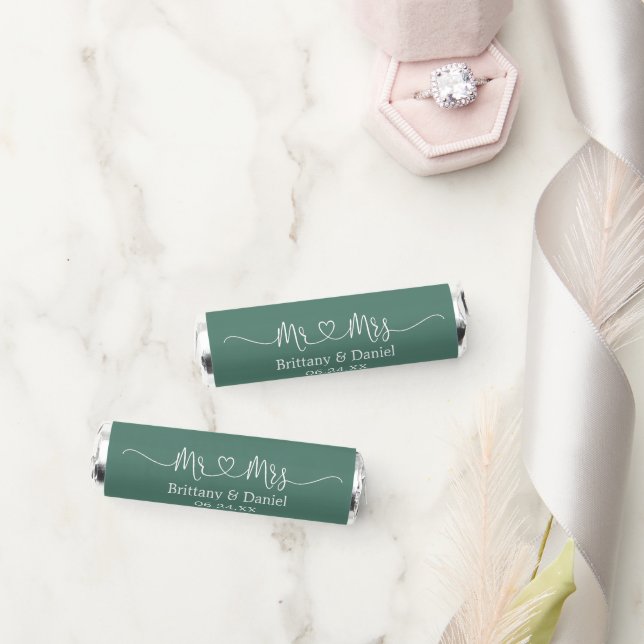 Calligraphy Heart Mr. and Mrs. Eucalyptus Green Breath Savers® Mints (Wedding)
