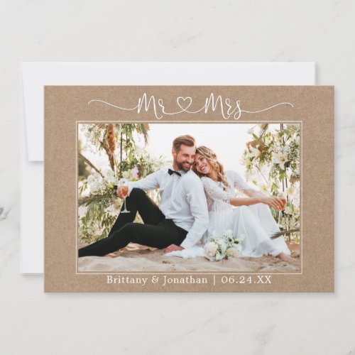 Calligraphy Heart Mr and Mrs Kraft Wedding Photo Thank You Card