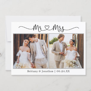 Calligraphy Heart Mr. and Mrs. Wedding 2 Photo Thank You Card