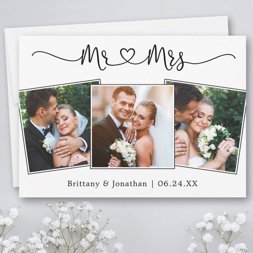 Calligraphy Heart Mr and Mrs Wedding 3 Photo  Thank You Card