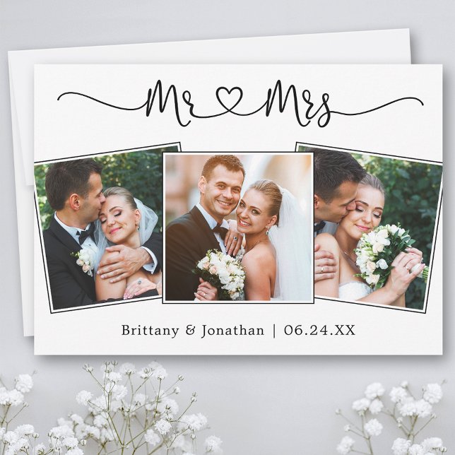 Calligraphy Heart Mr. and Mrs. Wedding 3 Photo  Thank You Card (Customize to change your personalized text size or text style.)