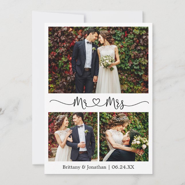 Calligraphy Heart Mr. and Mrs. Wedding 3 Photo Thank You Card (Front)