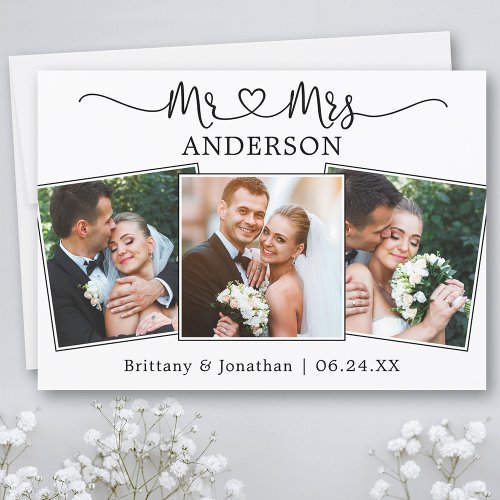 Calligraphy Heart Mr and Mrs Wedding 3 Photos  Thank You Card