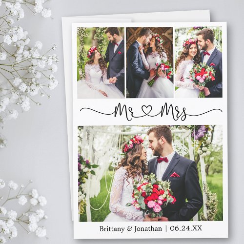Calligraphy Heart Mr and Mrs Wedding 4 Photo  Thank You Card