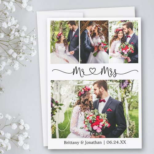 Calligraphy Heart Mr and Mrs Wedding 4 Photo  Thank You Card