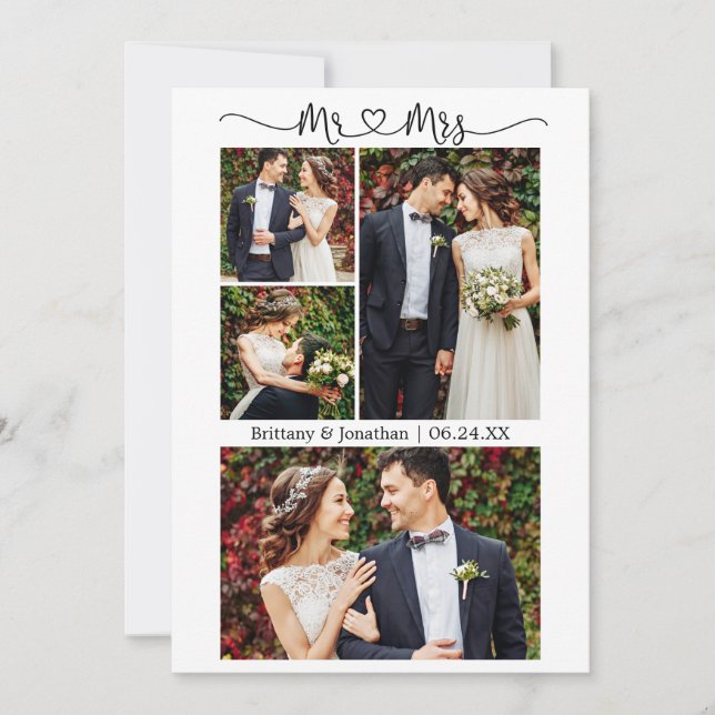 Calligraphy Heart Mr. and Mrs. Wedding 4 Photo Thank You Card (Front)