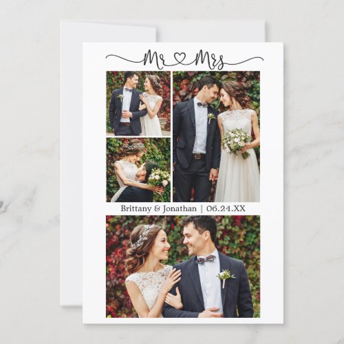 Calligraphy Heart Mr and Mrs Wedding 4 Photo Thank You Card
