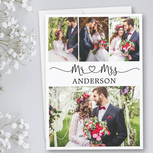 Calligraphy Heart Mr and Mrs Wedding 4 Photos  Thank You Card