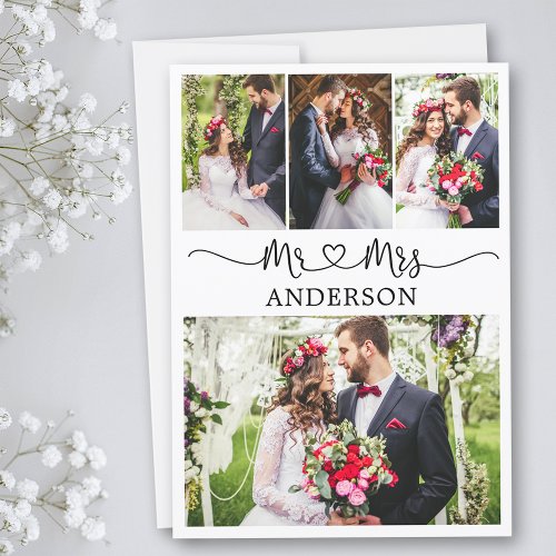 Calligraphy Heart Mr and Mrs Wedding 4 Photos  Thank You Card