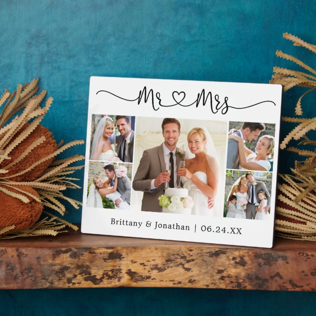 Calligraphy Heart Mr. and Mrs. Wedding 5 Photo Plaque (Side)