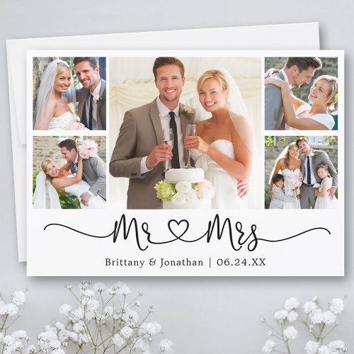 Calligraphy Heart Mr and Mrs Wedding 5 Photo Thank You Card