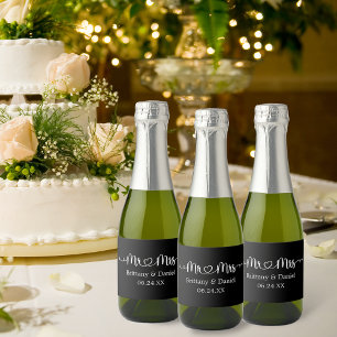 Calligraphy Heart Mr. and Mrs. Wedding Black Sparkling Wine Label