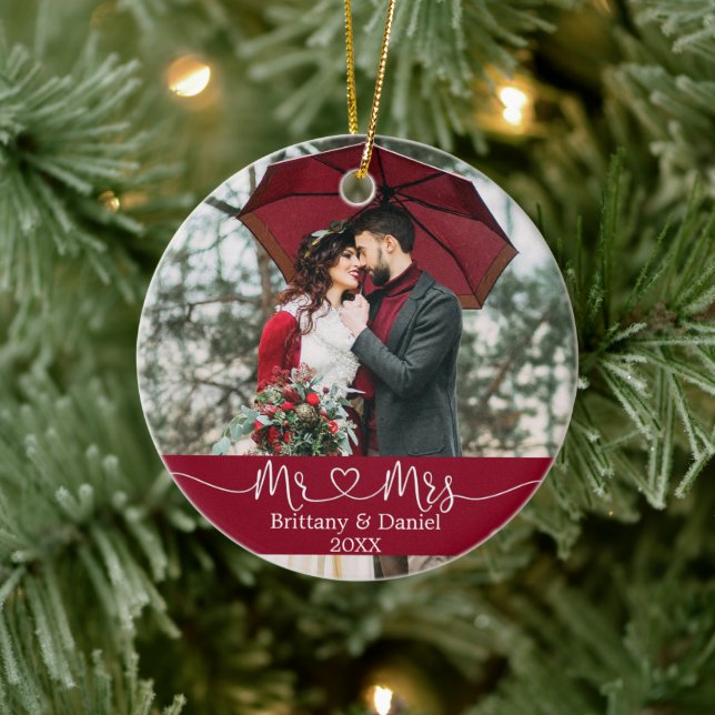 Calligraphy Heart Mr. and Mrs. Wedding Burgundy Ceramic Ornament (Tree)