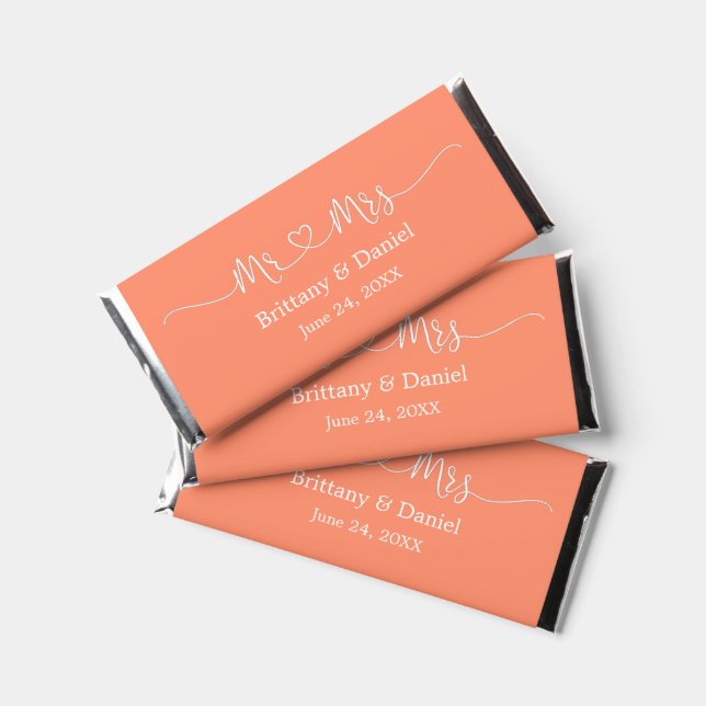 Calligraphy Heart Mr. and Mrs. Wedding Coral Hershey Bar Favors (Front)