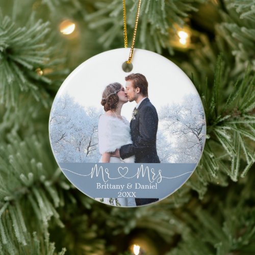 Calligraphy Heart Mr. and Mrs. Wedding Dusty Blue Ceramic Ornament