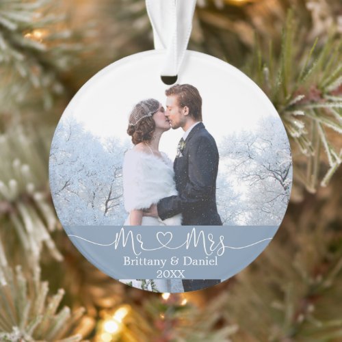 Calligraphy Heart Mr and Mrs Wedding Dusty Blue Ornament