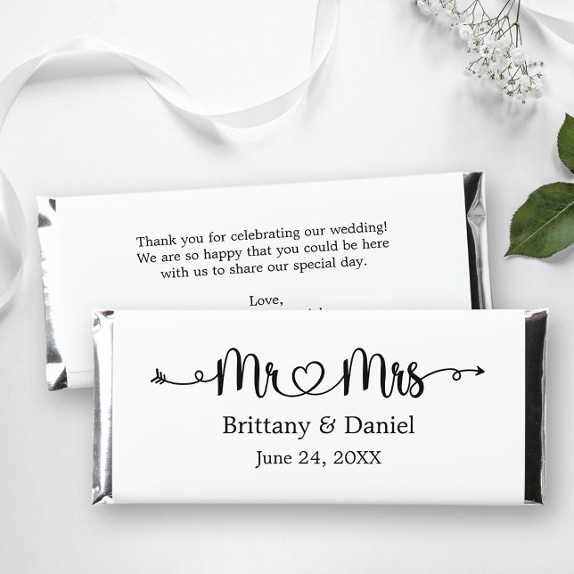 Calligraphy Heart Mr. and Mrs. Wedding Hershey Bar Favors (Customize to change your personalized text size or text style.)