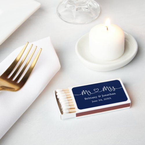 Calligraphy Heart Mr and Mrs Wedding Navy Blue Matchboxes