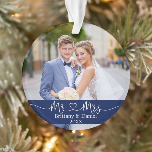 Calligraphy Heart Mr. and Mrs. Wedding Photo Blue Ornament (Tree)