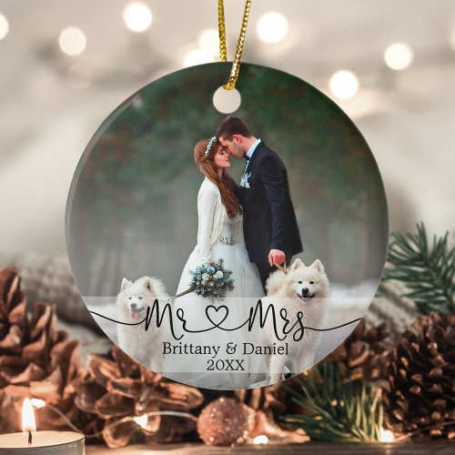 Calligraphy Heart Mr and Mrs Wedding Photo Ceramic Ornament