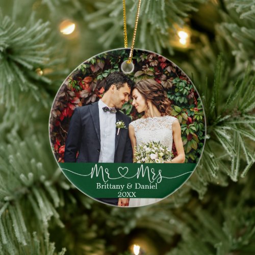 Calligraphy Heart Mr and Mrs Wedding Photo Green Ceramic Ornament