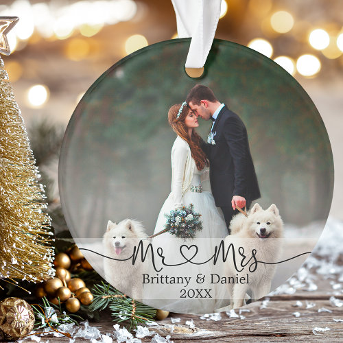 Calligraphy Heart Mr. and Mrs. Wedding Photo Ornament