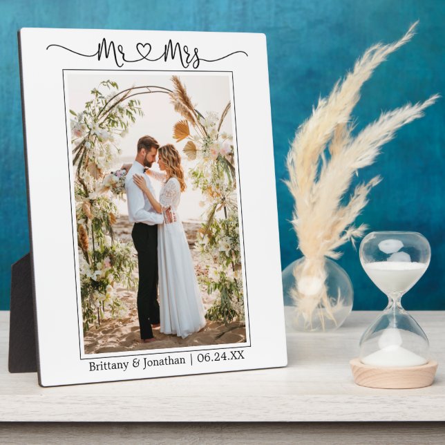 Calligraphy Heart Mr. and Mrs. Wedding Photo Plaque (Side)