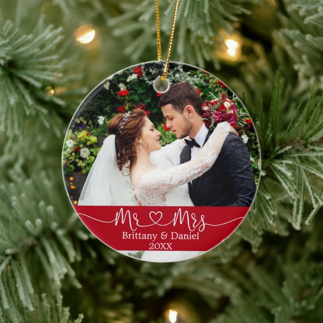 Calligraphy Heart Mr. and Mrs. Wedding Photo Red Ceramic Ornament (Tree)