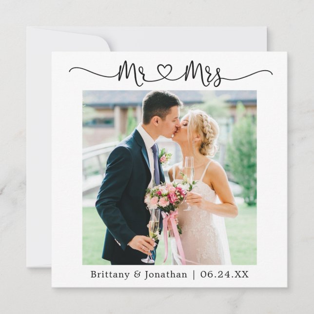 Calligraphy Heart Mr. and Mrs. Wedding Photo Thank You Card (Front)