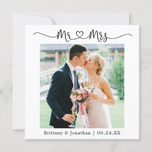 Calligraphy Heart Mr and Mrs Wedding Photo Thank You Card
